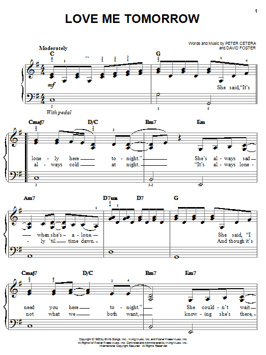 Preview Chicago Love Me Tomorrow Rock sheet music, notes and chords for Easy Piano, SKU: 25421 sheet music, piano notes, chords, guitar tabs, score, transpose, transcribe, how to play, guide, download, learn, tutorial, progression, song, artist, awards, billboard, mtv, vh1, tour, single, album, release
