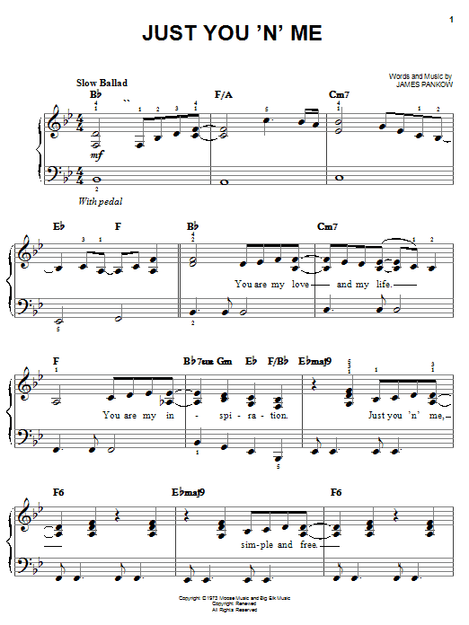 Preview Chicago Just You 'N' Me Pop sheet music, notes and chords for Easy Piano, SKU: 25423 sheet music, piano notes, chords, guitar tabs, score, transpose, transcribe, how to play, guide, download, learn, tutorial, progression, song, artist, awards, billboard, mtv, vh1, tour, single, album, release