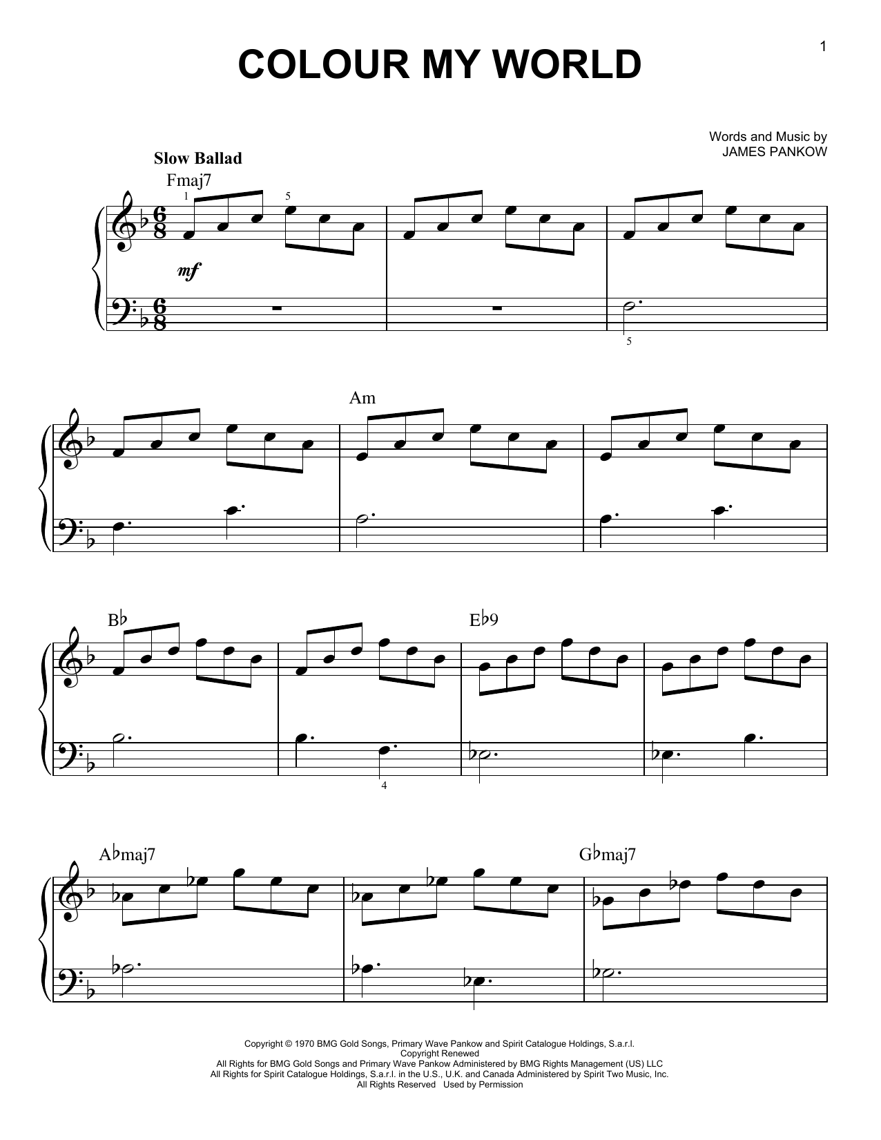 Preview Chicago Colour My World Pop sheet music, notes and chords for Easy Piano, SKU: 25428 sheet music, piano notes, chords, guitar tabs, score, transpose, transcribe, how to play, guide, download, learn, tutorial, progression, song, artist, awards, billboard, mtv, vh1, tour, single, album, release