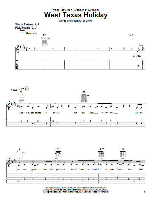 Preview Pat Green West Texas Holiday Pop sheet music, notes and chords for Easy Guitar Tab, SKU: 25433 sheet music, piano notes, chords, guitar tabs, score, transpose, transcribe, how to play, guide, download, learn, tutorial, progression, song, artist, awards, billboard, mtv, vh1, tour, single, album, release