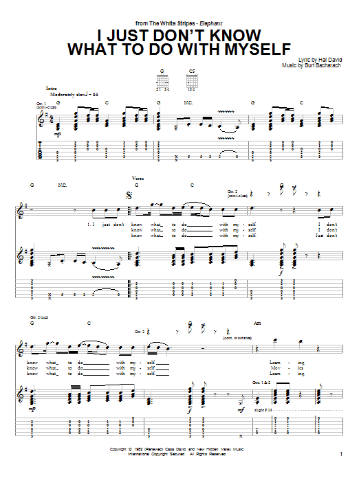 Preview The White Stripes I Just Don't Know What To Do With Myself Rock sheet music, notes and chords for Guitar Tab, SKU: 25434 sheet music, piano notes, chords, guitar tabs, score, transpose, transcribe, how to play, guide, download, learn, tutorial, progression, song, artist, awards, billboard, mtv, vh1, tour, single, album, release