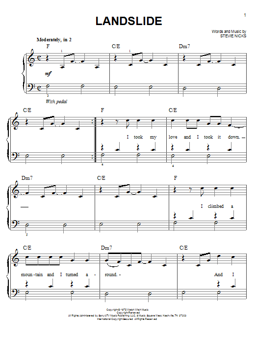 Preview Fleetwood Mac Landslide Rock sheet music, notes and chords for Easy Piano, SKU: 25435 sheet music, piano notes, chords, guitar tabs, score, transpose, transcribe, how to play, guide, download, learn, tutorial, progression, song, artist, awards, billboard, mtv, vh1, tour, single, album, release