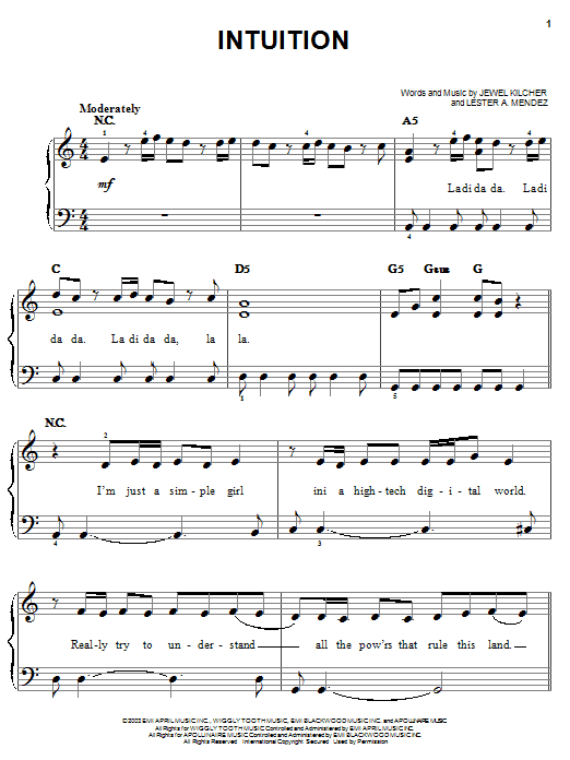 Preview Jewel Intuition Pop sheet music, notes and chords for Easy Piano, SKU: 25440 sheet music, piano notes, chords, guitar tabs, score, transpose, transcribe, how to play, guide, download, learn, tutorial, progression, song, artist, awards, billboard, mtv, vh1, tour, single, album, release