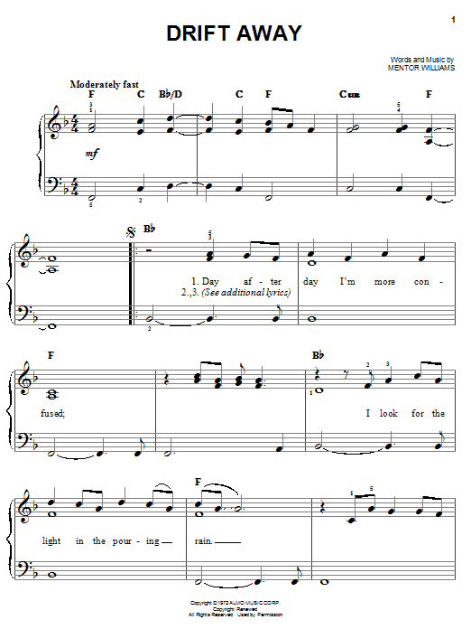 Preview Uncle Kracker Drift Away Rock sheet music, notes and chords for Easy Piano, SKU: 25443 sheet music, piano notes, chords, guitar tabs, score, transpose, transcribe, how to play, guide, download, learn, tutorial, progression, song, artist, awards, billboard, mtv, vh1, tour, single, album, release
