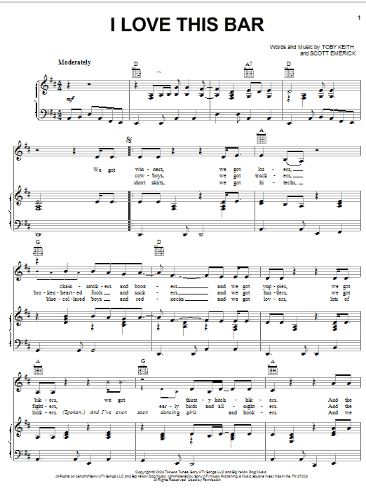 Preview Toby Keith I Love This Bar Country sheet music, notes and chords for Piano, Vocal & Guitar (Right-Hand Melody), SKU: 25444 sheet music, piano notes, chords, guitar tabs, score, transpose, transcribe, how to play, guide, download, learn, tutorial, progression, song, artist, awards, billboard, mtv, vh1, tour, single, album, release