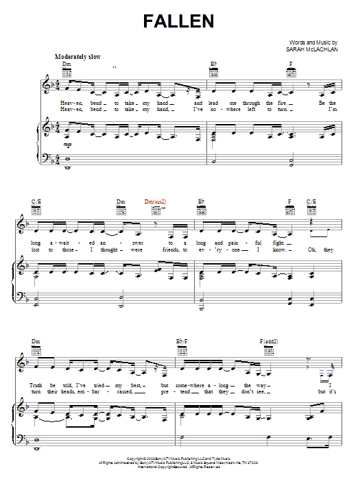 Preview Sarah McLachlan Fallen Rock sheet music, notes and chords for Piano, Vocal & Guitar (Right-Hand Melody), SKU: 25445 sheet music, piano notes, chords, guitar tabs, score, transpose, transcribe, how to play, guide, download, learn, tutorial, progression, song, artist, awards, billboard, mtv, vh1, tour, single, album, release
