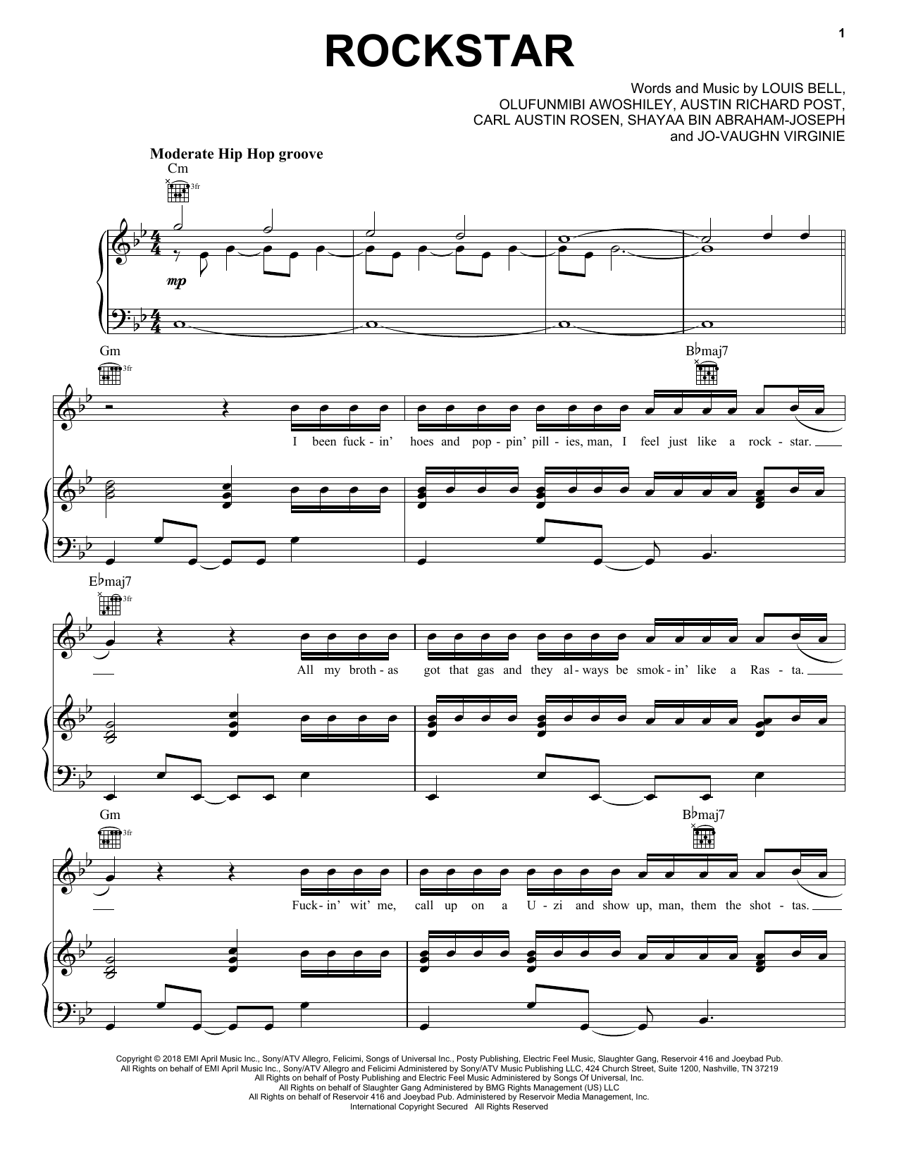 Preview Post Malone Rockstar (feat. 21 Savage) Pop sheet music, notes and chords for Piano, Vocal & Guitar (Right-Hand Melody), SKU: 254498 sheet music, piano notes, chords, guitar tabs, score, transpose, transcribe, how to play, guide, download, learn, tutorial, progression, song, artist, awards, billboard, mtv, vh1, tour, single, album, release
