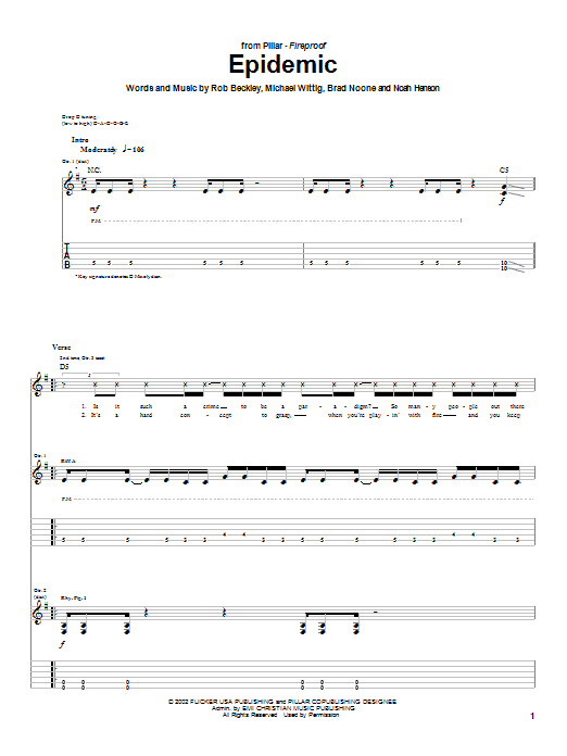 Preview Pillar Epidemic Religious sheet music, notes and chords for Guitar Tab, SKU: 25449 sheet music, piano notes, chords, guitar tabs, score, transpose, transcribe, how to play, guide, download, learn, tutorial, progression, song, artist, awards, billboard, mtv, vh1, tour, single, album, release