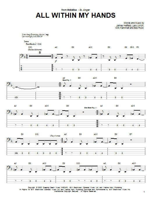 Preview Metallica All Within My Hands Metal sheet music, notes and chords for Bass Guitar Tab, SKU: 25458 sheet music, piano notes, chords, guitar tabs, score, transpose, transcribe, how to play, guide, download, learn, tutorial, progression, song, artist, awards, billboard, mtv, vh1, tour, single, album, release