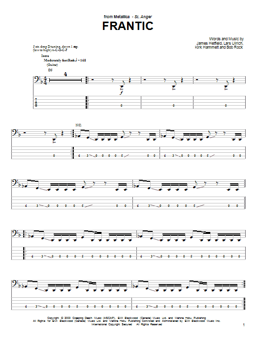 Preview Metallica Frantic Metal sheet music, notes and chords for Bass Guitar Tab, SKU: 25460 sheet music, piano notes, chords, guitar tabs, score, transpose, transcribe, how to play, guide, download, learn, tutorial, progression, song, artist, awards, billboard, mtv, vh1, tour, single, album, release
