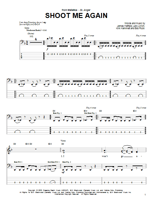 Preview Metallica Shoot Me Again Metal sheet music, notes and chords for Bass Guitar Tab, SKU: 25464 sheet music, piano notes, chords, guitar tabs, score, transpose, transcribe, how to play, guide, download, learn, tutorial, progression, song, artist, awards, billboard, mtv, vh1, tour, single, album, release