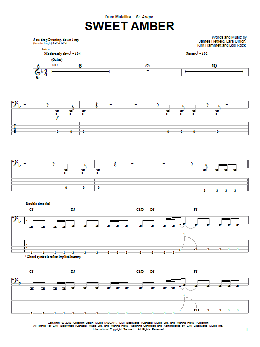 Preview Metallica Sweet Amber Metal sheet music, notes and chords for Bass Guitar Tab, SKU: 25467 sheet music, piano notes, chords, guitar tabs, score, transpose, transcribe, how to play, guide, download, learn, tutorial, progression, song, artist, awards, billboard, mtv, vh1, tour, single, album, release