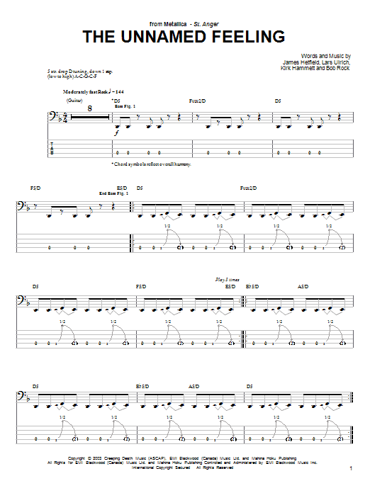 Preview Metallica The Unnamed Feeling Metal sheet music, notes and chords for Bass Guitar Tab, SKU: 25468 sheet music, piano notes, chords, guitar tabs, score, transpose, transcribe, how to play, guide, download, learn, tutorial, progression, song, artist, awards, billboard, mtv, vh1, tour, single, album, release