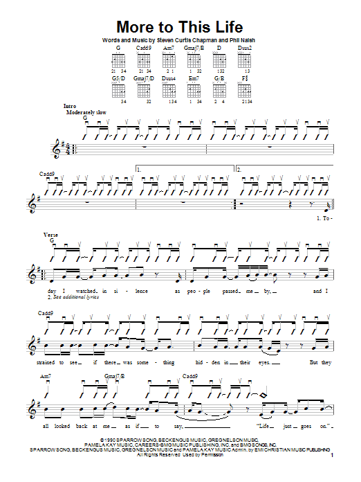 Preview Steven Curtis Chapman More To This Life Pop sheet music, notes and chords for Guitar with strumming patterns, SKU: 25479 sheet music, piano notes, chords, guitar tabs, score, transpose, transcribe, how to play, guide, download, learn, tutorial, progression, song, artist, awards, billboard, mtv, vh1, tour, single, album, release