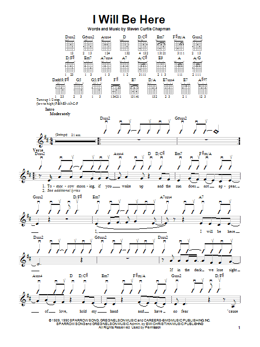 Preview Steven Curtis Chapman I Will Be Here Pop sheet music, notes and chords for Guitar with strumming patterns, SKU: 25480 sheet music, piano notes, chords, guitar tabs, score, transpose, transcribe, how to play, guide, download, learn, tutorial, progression, song, artist, awards, billboard, mtv, vh1, tour, single, album, release