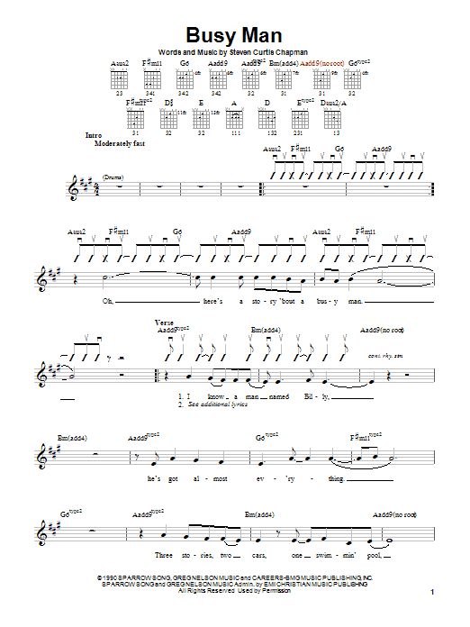 Preview Steven Curtis Chapman Busy Man Religious sheet music, notes and chords for Guitar with strumming patterns, SKU: 25482 sheet music, piano notes, chords, guitar tabs, score, transpose, transcribe, how to play, guide, download, learn, tutorial, progression, song, artist, awards, billboard, mtv, vh1, tour, single, album, release