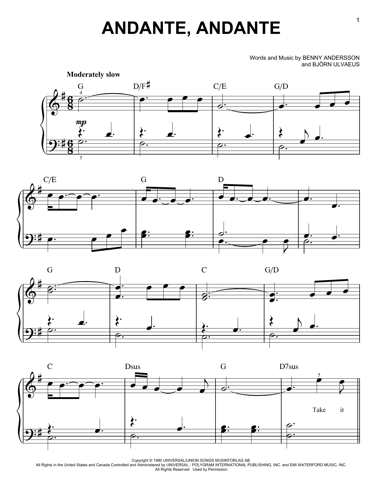 Abba Andante Andante Sheet Music Notes Chords Mamma Mia Here We Go Again Printable 