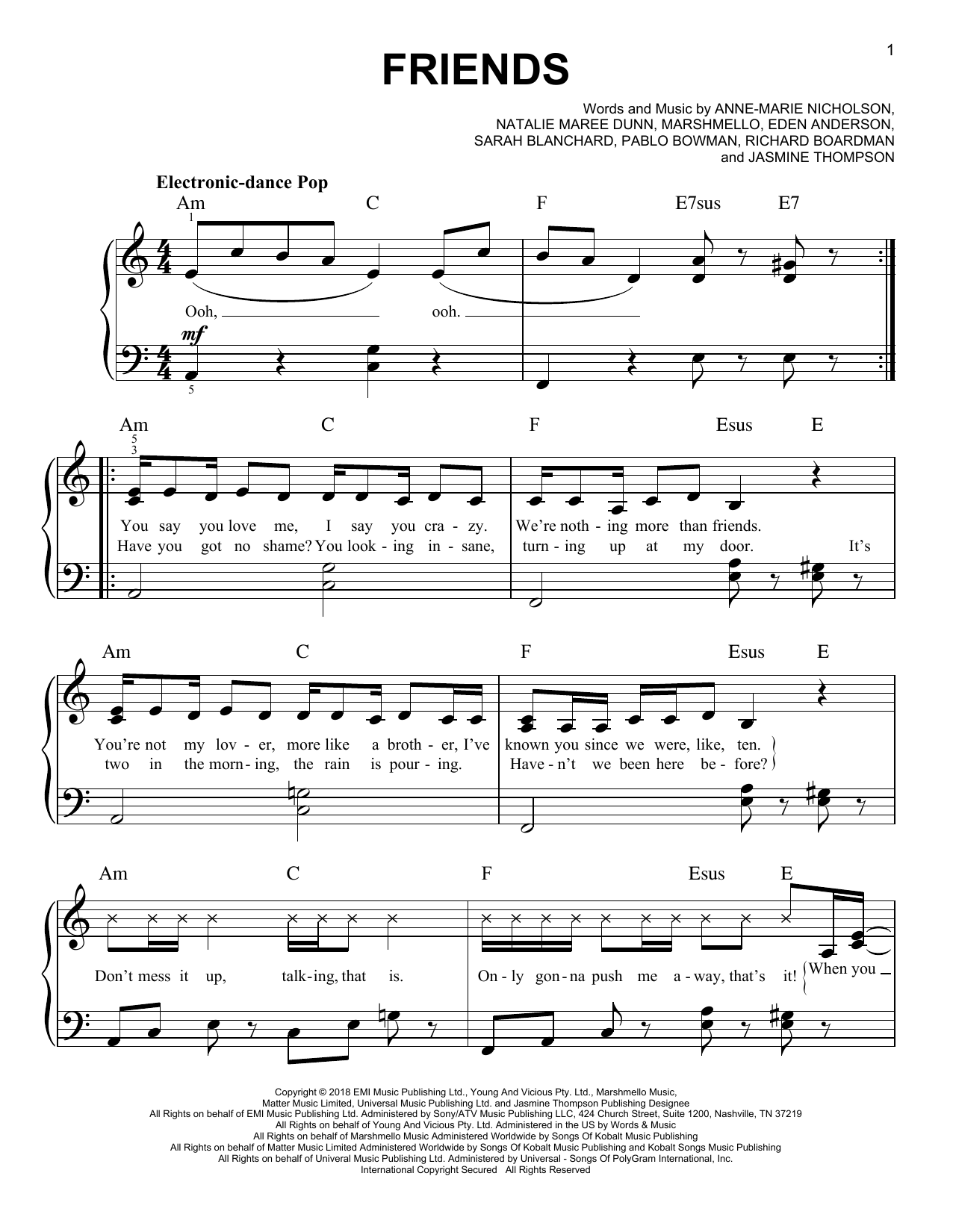Preview Marshmello & Anne-Marie Friends Pop sheet music, notes and chords for Easy Piano, SKU: 254853 sheet music, piano notes, chords, guitar tabs, score, transpose, transcribe, how to play, guide, download, learn, tutorial, progression, song, artist, awards, billboard, mtv, vh1, tour, single, album, release