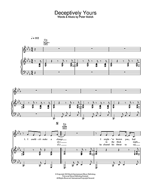 Preview Peter Malick & Norah Jones Deceptively Yours Blues sheet music, notes and chords for Piano, Vocal & Guitar, SKU: 25485 sheet music, piano notes, chords, guitar tabs, score, transpose, transcribe, how to play, guide, download, learn, tutorial, progression, song, artist, awards, billboard, mtv, vh1, tour, single, album, release