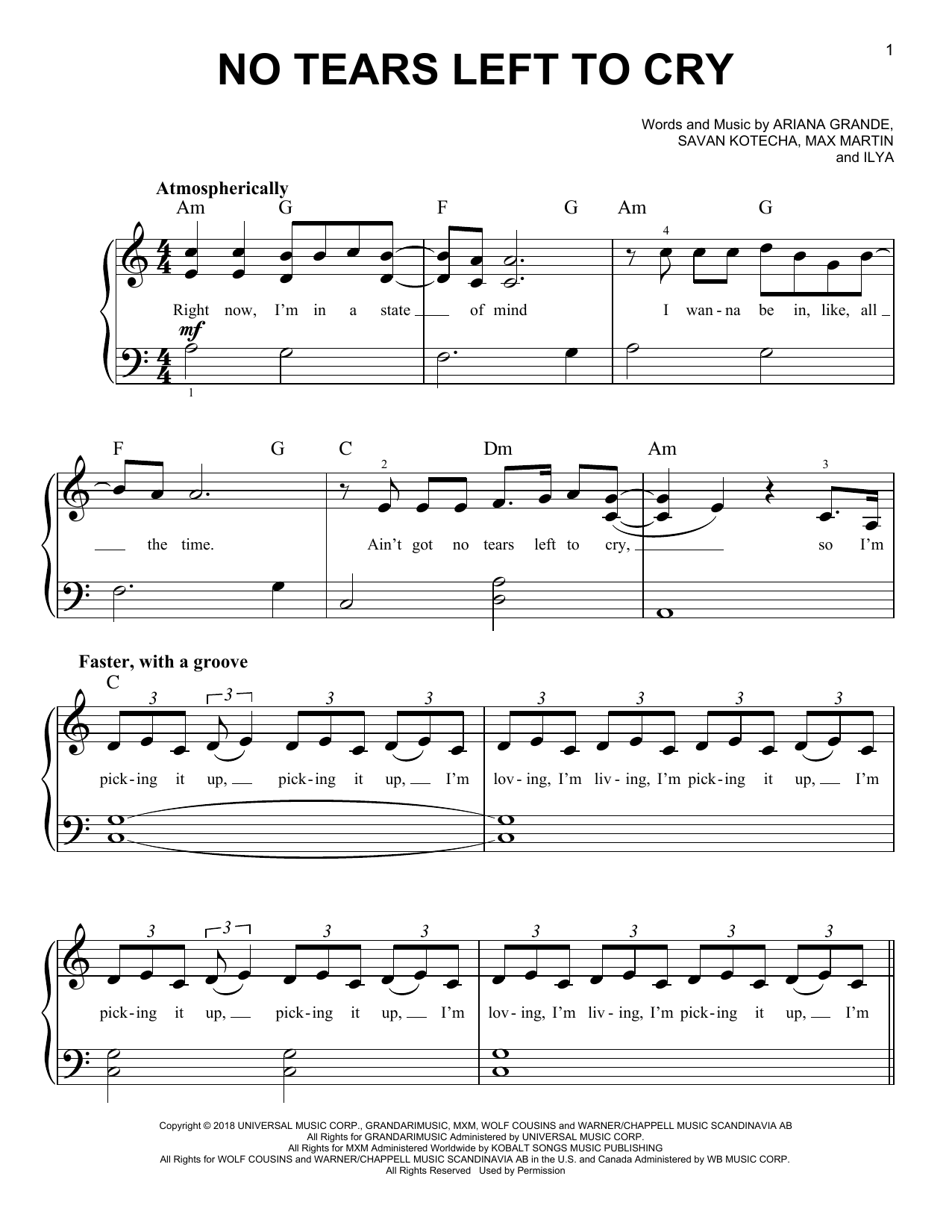 Preview Ariana Grande No Tears Left To Cry Pop sheet music, notes and chords for Easy Piano, SKU: 254860 sheet music, piano notes, chords, guitar tabs, score, transpose, transcribe, how to play, guide, download, learn, tutorial, progression, song, artist, awards, billboard, mtv, vh1, tour, single, album, release