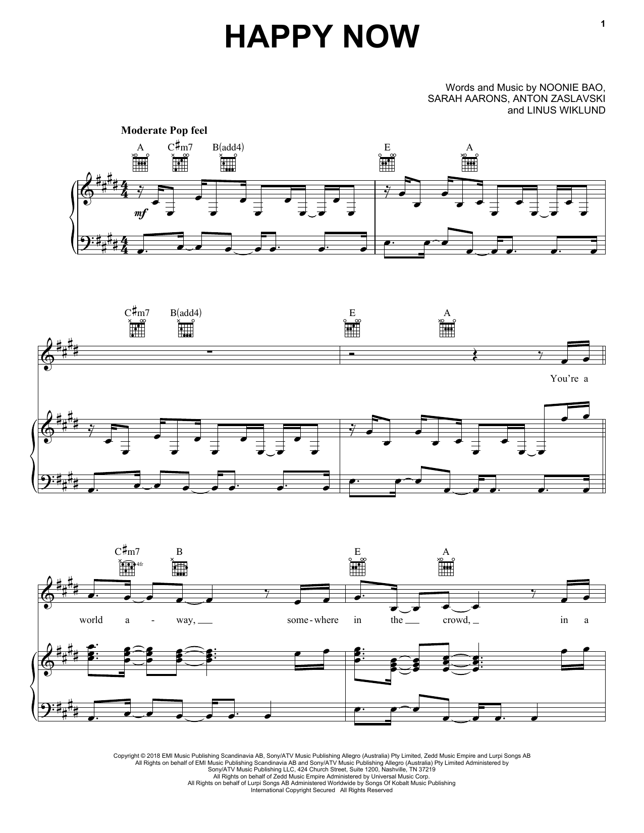 Preview Zedd Happy Now (feat. Elley Duhé) Pop sheet music, notes and chords for Piano, Vocal & Guitar (Right-Hand Melody), SKU: 254865 sheet music, piano notes, chords, guitar tabs, score, transpose, transcribe, how to play, guide, download, learn, tutorial, progression, song, artist, awards, billboard, mtv, vh1, tour, single, album, release