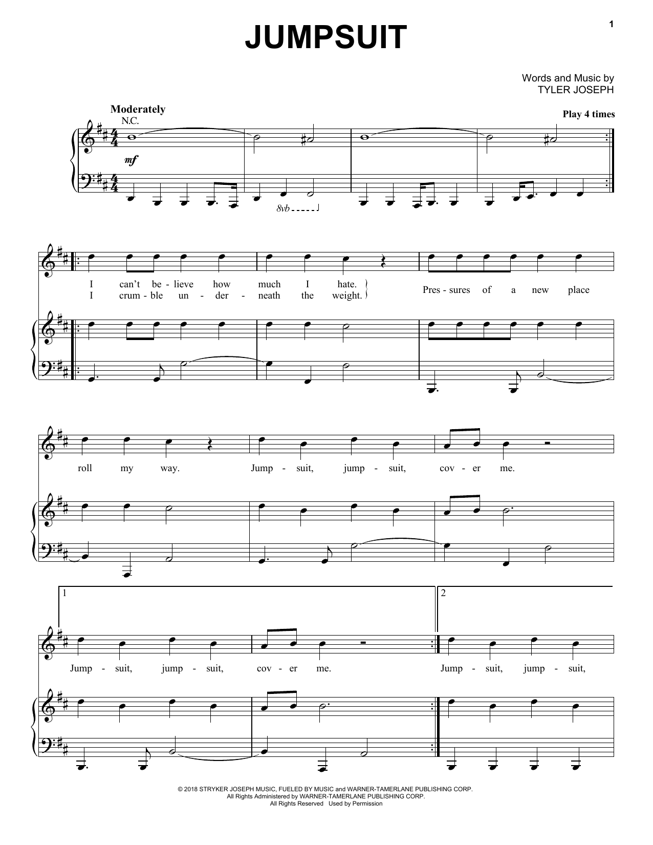 Preview twenty one pilots Jumpsuit Pop sheet music, notes and chords for Piano & Vocal, SKU: 254866 sheet music, piano notes, chords, guitar tabs, score, transpose, transcribe, how to play, guide, download, learn, tutorial, progression, song, artist, awards, billboard, mtv, vh1, tour, single, album, release