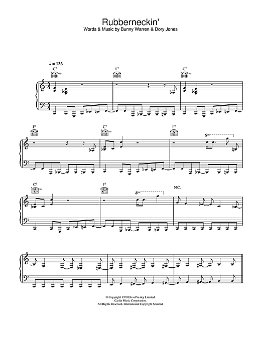 Preview Elvis Presley Rubberneckin' Pop sheet music, notes and chords for Piano, Vocal & Guitar, SKU: 25489 sheet music, piano notes, chords, guitar tabs, score, transpose, transcribe, how to play, guide, download, learn, tutorial, progression, song, artist, awards, billboard, mtv, vh1, tour, single, album, release