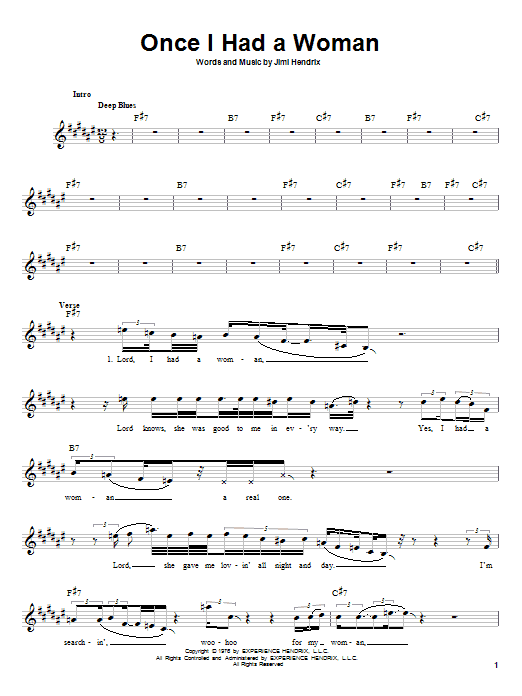 Preview Jimi Hendrix Once I Had A Woman Rock sheet music, notes and chords for Melody Line, Lyrics & Chords, SKU: 25494 sheet music, piano notes, chords, guitar tabs, score, transpose, transcribe, how to play, guide, download, learn, tutorial, progression, song, artist, awards, billboard, mtv, vh1, tour, single, album, release