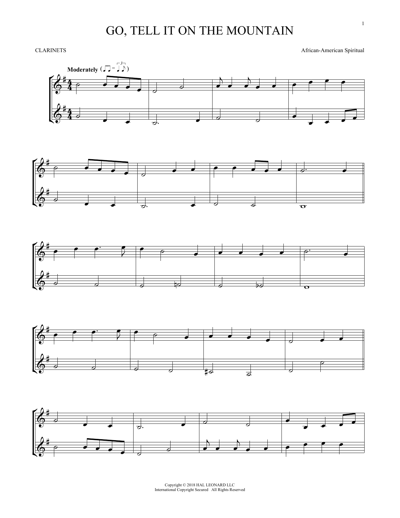 Preview African-American Spiritual Go, Tell It On The Mountain Religious sheet music, notes and chords for Clarinet Duet, SKU: 255000 sheet music, piano notes, chords, guitar tabs, score, transpose, transcribe, how to play, guide, download, learn, tutorial, progression, song, artist, awards, billboard, mtv, vh1, tour, single, album, release