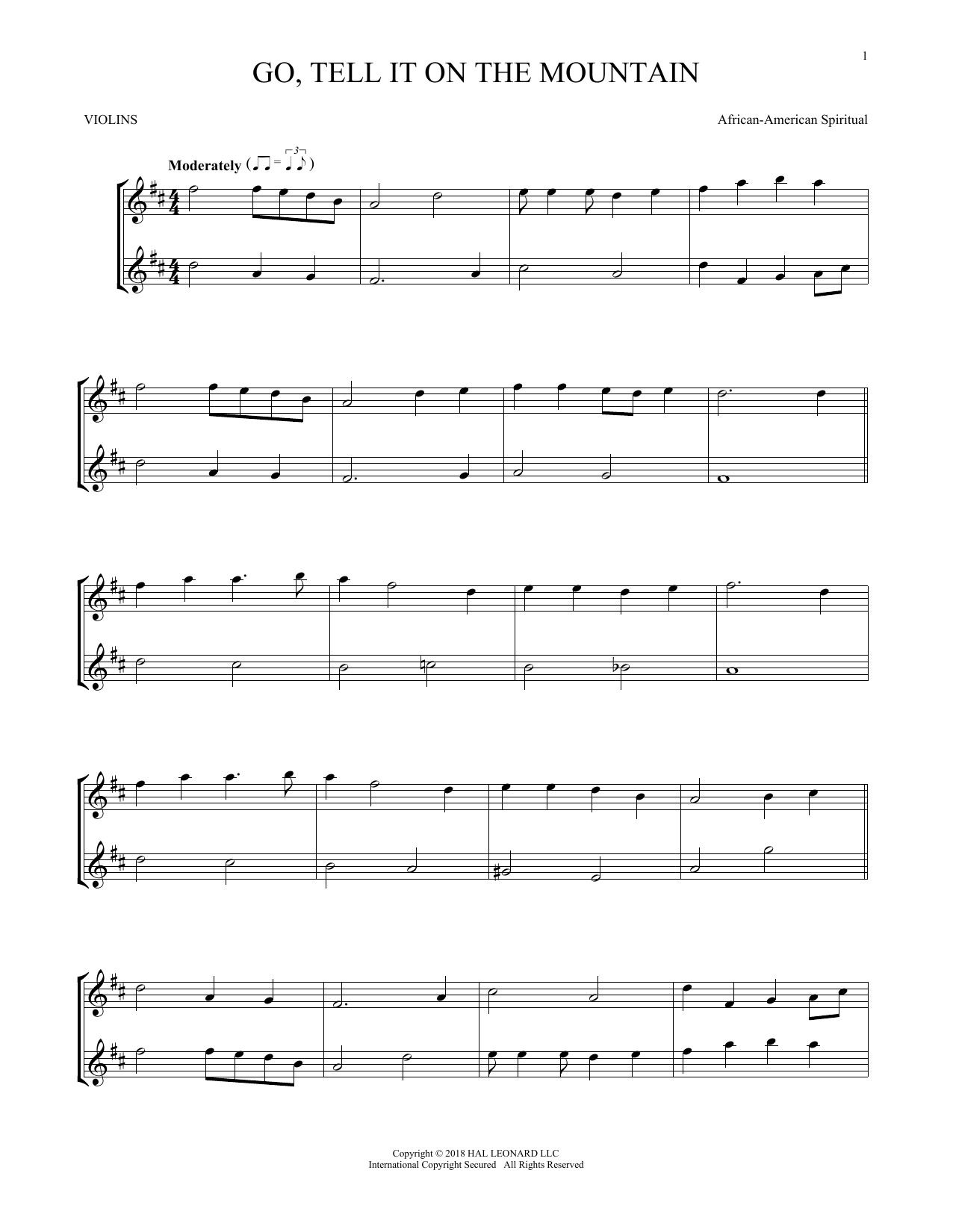 Preview African-American Spiritual Go, Tell It On The Mountain Religious sheet music, notes and chords for VLNDT, SKU: 255005 sheet music, piano notes, chords, guitar tabs, score, transpose, transcribe, how to play, guide, download, learn, tutorial, progression, song, artist, awards, billboard, mtv, vh1, tour, single, album, release