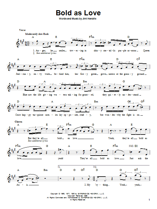 Preview Jimi Hendrix Bold As Love Rock sheet music, notes and chords for Melody Line, Lyrics & Chords, SKU: 25505 sheet music, piano notes, chords, guitar tabs, score, transpose, transcribe, how to play, guide, download, learn, tutorial, progression, song, artist, awards, billboard, mtv, vh1, tour, single, album, release