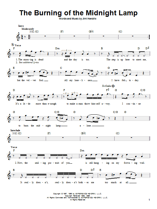 Preview Jimi Hendrix The Burning Of The Midnight Lamp Rock sheet music, notes and chords for Melody Line, Lyrics & Chords, SKU: 25506 sheet music, piano notes, chords, guitar tabs, score, transpose, transcribe, how to play, guide, download, learn, tutorial, progression, song, artist, awards, billboard, mtv, vh1, tour, single, album, release