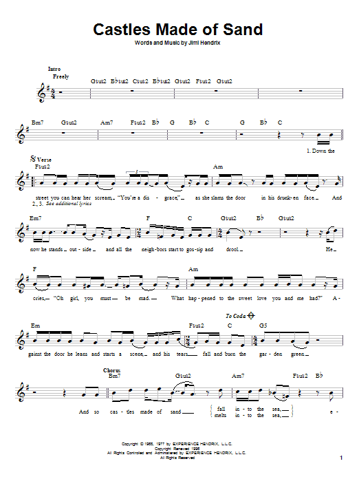 Preview Jimi Hendrix Castles Made Of Sand Rock sheet music, notes and chords for Melody Line, Lyrics & Chords, SKU: 25508 sheet music, piano notes, chords, guitar tabs, score, transpose, transcribe, how to play, guide, download, learn, tutorial, progression, song, artist, awards, billboard, mtv, vh1, tour, single, album, release