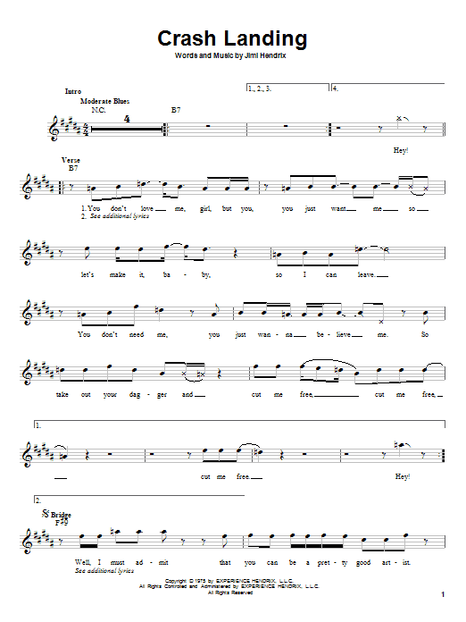 Preview Jimi Hendrix Crash Landing Rock sheet music, notes and chords for Melody Line, Lyrics & Chords, SKU: 25509 sheet music, piano notes, chords, guitar tabs, score, transpose, transcribe, how to play, guide, download, learn, tutorial, progression, song, artist, awards, billboard, mtv, vh1, tour, single, album, release
