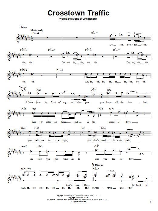 Preview Jimi Hendrix Crosstown Traffic Rock sheet music, notes and chords for Melody Line, Lyrics & Chords, SKU: 25510 sheet music, piano notes, chords, guitar tabs, score, transpose, transcribe, how to play, guide, download, learn, tutorial, progression, song, artist, awards, billboard, mtv, vh1, tour, single, album, release