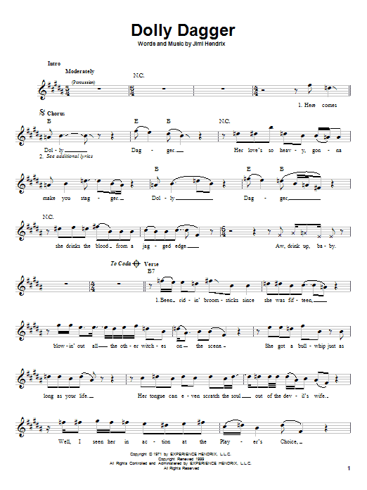 Preview Jimi Hendrix Dolly Dagger Rock sheet music, notes and chords for Melody Line, Lyrics & Chords, SKU: 25511 sheet music, piano notes, chords, guitar tabs, score, transpose, transcribe, how to play, guide, download, learn, tutorial, progression, song, artist, awards, billboard, mtv, vh1, tour, single, album, release