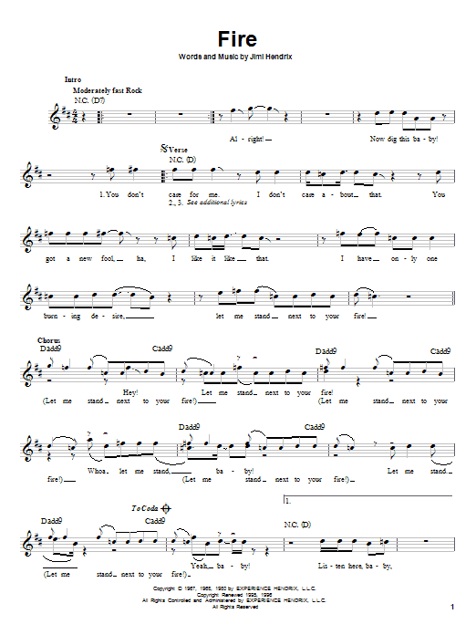 Preview Jimi Hendrix Fire Rock sheet music, notes and chords for Melody Line, Lyrics & Chords, SKU: 25516 sheet music, piano notes, chords, guitar tabs, score, transpose, transcribe, how to play, guide, download, learn, tutorial, progression, song, artist, awards, billboard, mtv, vh1, tour, single, album, release