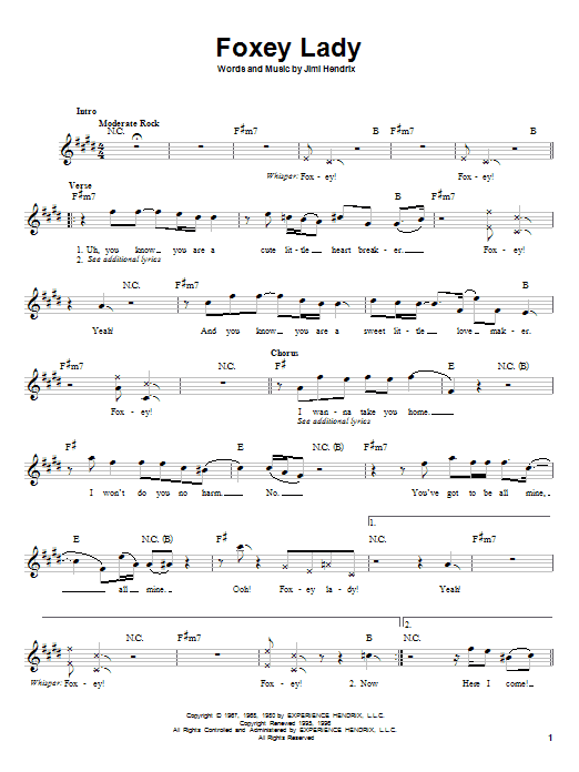 Preview Jimi Hendrix Foxy Lady Rock sheet music, notes and chords for Melody Line, Lyrics & Chords, SKU: 25517 sheet music, piano notes, chords, guitar tabs, score, transpose, transcribe, how to play, guide, download, learn, tutorial, progression, song, artist, awards, billboard, mtv, vh1, tour, single, album, release