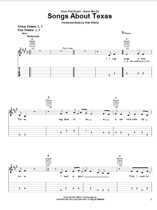 Preview Pat Green Songs About Texas Country sheet music, notes and chords for Easy Guitar Tab, SKU: 25519 sheet music, piano notes, chords, guitar tabs, score, transpose, transcribe, how to play, guide, download, learn, tutorial, progression, song, artist, awards, billboard, mtv, vh1, tour, single, album, release