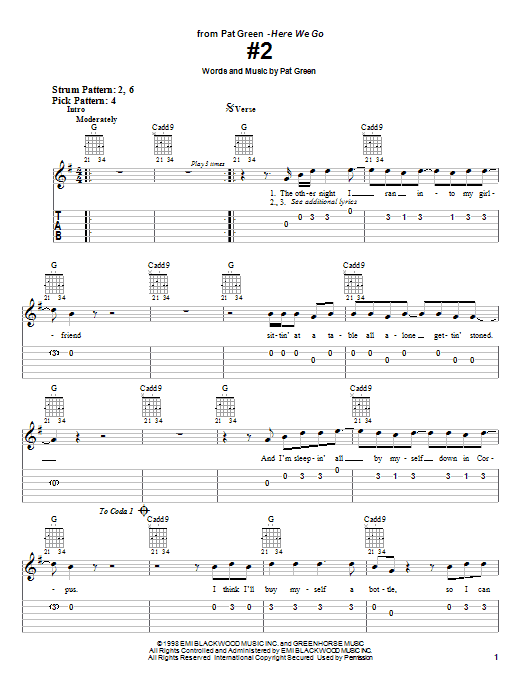 Preview Pat Green #2 Country sheet music, notes and chords for Easy Guitar Tab, SKU: 25520 sheet music, piano notes, chords, guitar tabs, score, transpose, transcribe, how to play, guide, download, learn, tutorial, progression, song, artist, awards, billboard, mtv, vh1, tour, single, album, release