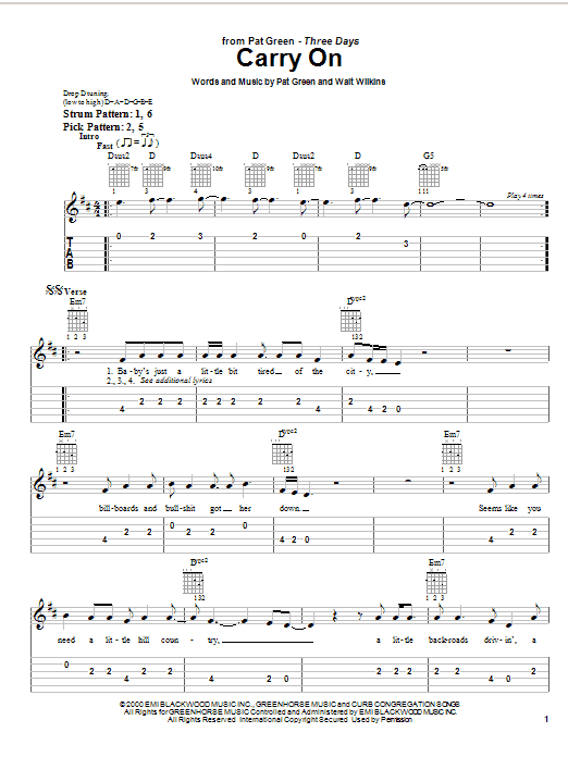 Preview Pat Green Carry On Country sheet music, notes and chords for Easy Guitar Tab, SKU: 25522 sheet music, piano notes, chords, guitar tabs, score, transpose, transcribe, how to play, guide, download, learn, tutorial, progression, song, artist, awards, billboard, mtv, vh1, tour, single, album, release