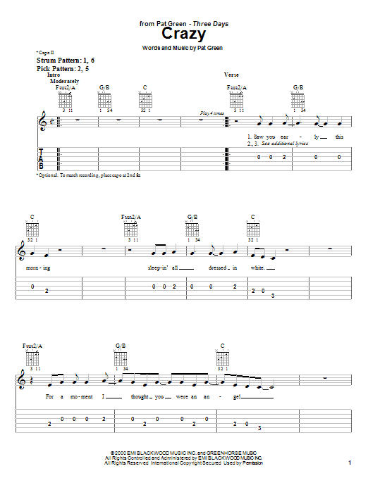 Preview Pat Green Crazy Country sheet music, notes and chords for Easy Guitar Tab, SKU: 25523 sheet music, piano notes, chords, guitar tabs, score, transpose, transcribe, how to play, guide, download, learn, tutorial, progression, song, artist, awards, billboard, mtv, vh1, tour, single, album, release