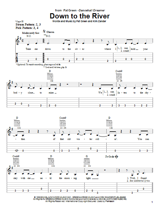 Preview Pat Green Down To The River Country sheet music, notes and chords for Easy Guitar Tab, SKU: 25525 sheet music, piano notes, chords, guitar tabs, score, transpose, transcribe, how to play, guide, download, learn, tutorial, progression, song, artist, awards, billboard, mtv, vh1, tour, single, album, release