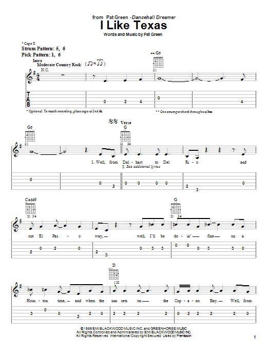 Preview Pat Green I Like Texas Country sheet music, notes and chords for Easy Guitar Tab, SKU: 25531 sheet music, piano notes, chords, guitar tabs, score, transpose, transcribe, how to play, guide, download, learn, tutorial, progression, song, artist, awards, billboard, mtv, vh1, tour, single, album, release