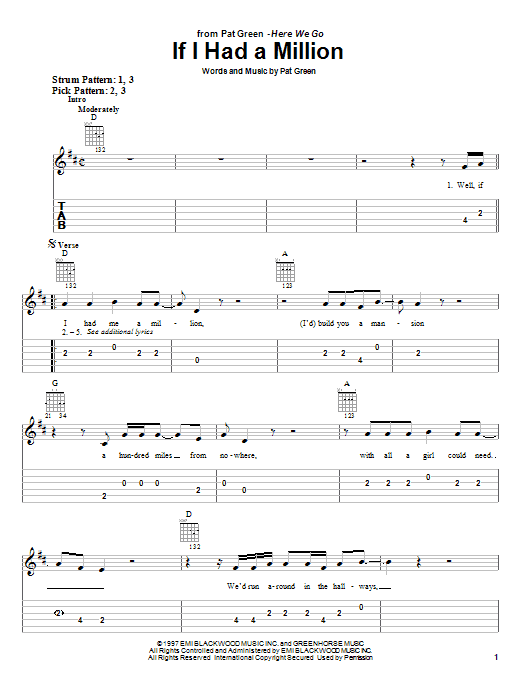 Preview Pat Green If I Had A Million Country sheet music, notes and chords for Easy Guitar Tab, SKU: 25532 sheet music, piano notes, chords, guitar tabs, score, transpose, transcribe, how to play, guide, download, learn, tutorial, progression, song, artist, awards, billboard, mtv, vh1, tour, single, album, release