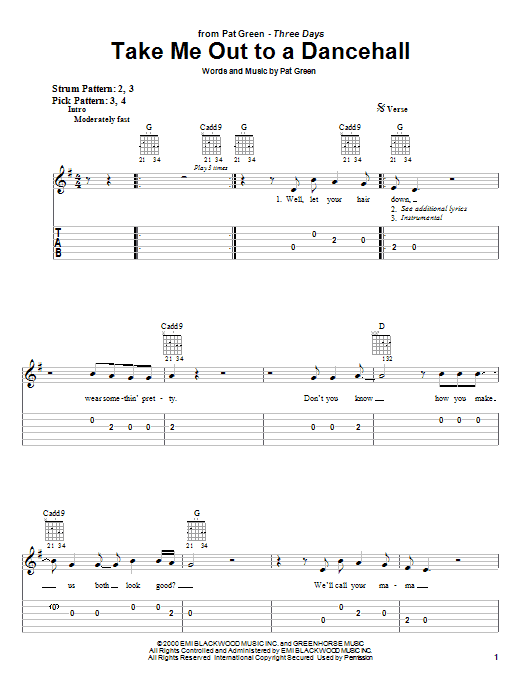 Preview Pat Green Take Me Out To A Dancehall Country sheet music, notes and chords for Easy Guitar Tab, SKU: 25536 sheet music, piano notes, chords, guitar tabs, score, transpose, transcribe, how to play, guide, download, learn, tutorial, progression, song, artist, awards, billboard, mtv, vh1, tour, single, album, release