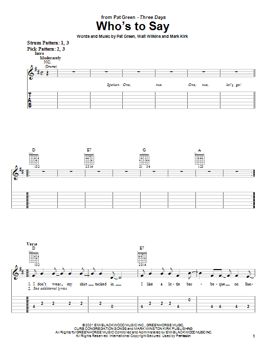 Preview Pat Green Who's To Say Country sheet music, notes and chords for Easy Guitar Tab, SKU: 25540 sheet music, piano notes, chords, guitar tabs, score, transpose, transcribe, how to play, guide, download, learn, tutorial, progression, song, artist, awards, billboard, mtv, vh1, tour, single, album, release