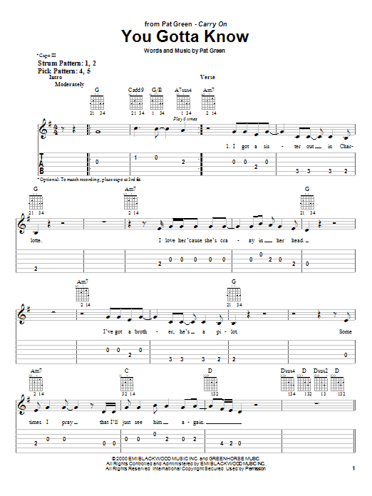 Preview Pat Green You Gotta Know Country sheet music, notes and chords for Easy Guitar Tab, SKU: 25541 sheet music, piano notes, chords, guitar tabs, score, transpose, transcribe, how to play, guide, download, learn, tutorial, progression, song, artist, awards, billboard, mtv, vh1, tour, single, album, release