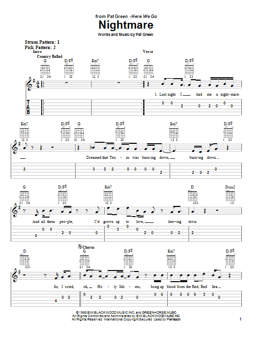 Preview Pat Green Nightmare Country sheet music, notes and chords for Easy Guitar Tab, SKU: 25542 sheet music, piano notes, chords, guitar tabs, score, transpose, transcribe, how to play, guide, download, learn, tutorial, progression, song, artist, awards, billboard, mtv, vh1, tour, single, album, release