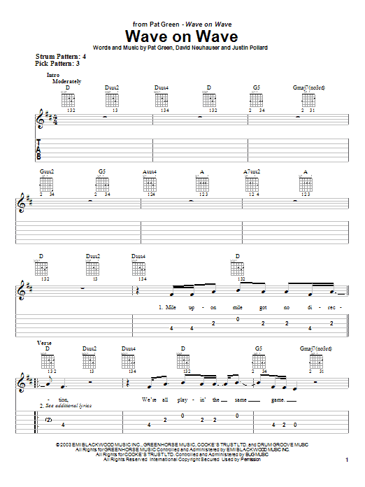 Preview Pat Green Wave On Wave Country sheet music, notes and chords for Easy Guitar Tab, SKU: 25543 sheet music, piano notes, chords, guitar tabs, score, transpose, transcribe, how to play, guide, download, learn, tutorial, progression, song, artist, awards, billboard, mtv, vh1, tour, single, album, release